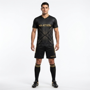 Custom <b>Black</b> Gold Geometric Pattern Soccer Uniform Set Short Sleeve Football Jersey Shorts <b>Socks</b> - Product Image 1