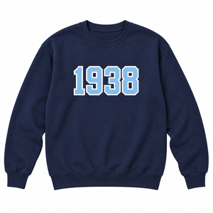 <b>Women's</b> Navy Blue Crew Neck <b>Sweatshirt</b> with Light Blue and <b>White</b> 1938 Front Graphic Long Sleeve Pullover Ribbed Cuffs Casual - Product Image 3