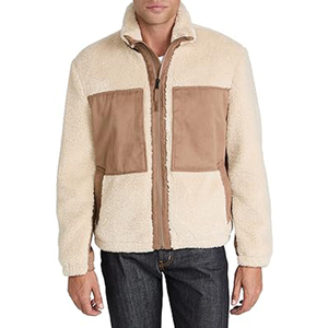 <b>Men's</b> Cream Color Block <b>Sherpa</b> <b>Jacket</b> Stand Collar Zipper Closure With <b>Sherpa</b> Lining Windproof Winter Casual Outerwear OEM - Product Image 1