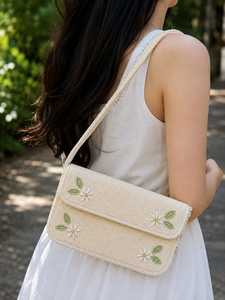 Bolso Rectangular Hecho a Mano con Cuentas de Vidrio y Bordado de Poliéster, Diseño Floral de Margaritas, Lavable, para Uso Diario, para Mujer - Product Image 1