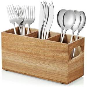 Organizador de cubiertos de madera para mesa de comedor, para guardar cucharas, tenedores y cuchillos, con diseño decorativo. - Product Image 2