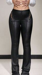 Pantalon en cuir véritable noir à dentelle, taille haute, style gothique, coupe ajustée, longueur intégrale, écologique, respirant, hiver - Product Image 2