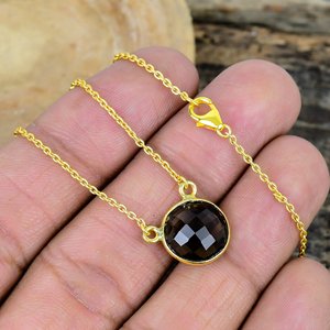 Collier avec pendentif en quartz fumé naturel de forme ronde, chaîne en argent sterling 925 plaqué or 18 carats - Product Image 1