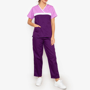 Women Purple <b>Scrub</b> <b>Set</b> With Pink And White Accents V Neck Short Sleeve Hospital Uniforms Pants Needle Detection - Product Image 3