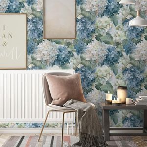 Carta da Parati Vintage con Motivo Floreale di Ortensie ad Acquerello, Autoadesiva, Facile da Applicare e Rimuovere, Decorazione Murale in Blu/Bianco/Verde - Product Image 2