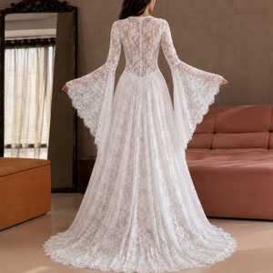 Robe de soirée longue élégante pour femme, en dentelle Chantilly blanche, imprimé floral, appliques classiques, écologique, transparente, avec corset et coupe cloche - Product Image 4