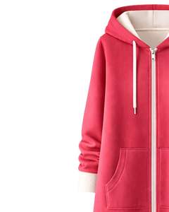 Sudadera con capucha larga personalizada con cremallera, roja, para mujer, abrigo de invierno con forro polar, ropa exterior informal con bolsillos, fabricante mayorista OEM personalizado - Product Image 4