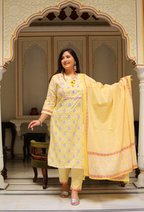 Lehariya Kurti <b>Pant</b> Dupatta Set Cotton Floral Embroidered Yellow Round Neck <b>Three</b> <b>Quarter</b> Sleeve Plus Size Women Wholesale - Product Image 6