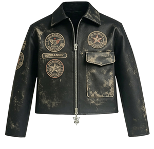 Custom Vintage Distressed PU <b>Leather</b> <b>Jacket</b> with DTG Print and Embroidered Patches for Men <b>Retro</b> Streetwear Coat - Product Image 2
