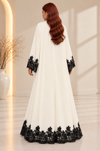 Premium <b>White</b> Abaya <b>Lace</b> Cathedral Sleeve Long Dress Muslim Women Formal Wear Elegant V Neck Floor Length Black <b>Lace</b> Trim Modest - Product Image 2