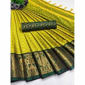 FANTAISIE COTON SOIE JACQUARD TISSÉ TRAVAIL SAREE AVEC BLOUSE NON POUSSÉE MOUTARDE - Product Image 1