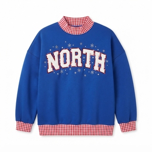 North <b>Glitter</b> Print Pullover Women's <b>Blue</b> Knitted Sweatshirt Mock Neck Gingham Trim Winter Casual Long Sleeve - Product Image 1