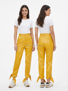 Vêtements de bureau sur mesure en cuir PU, pantalon droit streetwear taille haute avec détail de lien à la cheville, décontracté, écologique, coupe-vent - Product Image 6