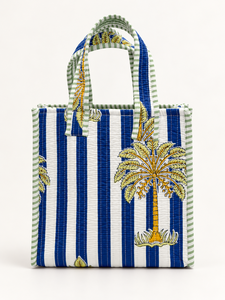 Sac fourre-tout matelassé en coton pour femme Veer Handicrafts QB-002, imprimé palmiers tropicaux rayés bleus, poignées vertes, fermeture éclair, plage - Product Image 2