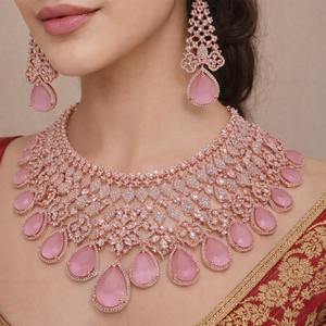 Parure de collier et boucles d'oreilles de mariée en laiton avec diamants américains, bijoux élégants en diamants américains, cadeau de mariage - Product Image 1