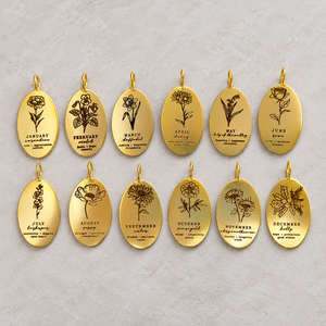 Pendentif ovale personnalisé en acier inoxydable plaqué or avec zircon, motif fleur de naissance de juillet (Larkspur), bijoux sur mesure en gros - Product Image 6
