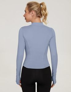 Women's Blue Half-<b>Zip</b> Yoga <b>Top</b> Full Sleeve Solid Color Breathable Spandex/Polyester Sportswear Skinny Fit All Seasons - Product Image 5