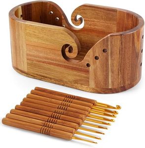 Bol à laine rond en bois pour le crochet et le tricot, support à laine fait main, portable, 15 cm, design tendance - Product Image 5