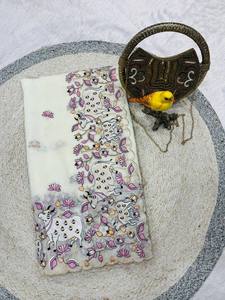 Sari Gold Crush con Bordado de Vacas y Flores – Trabajo de Hilo Multicolor con Borde Calado - Product Image 5