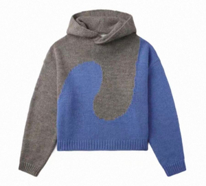 Crop Hoodie <b>Zip</b>-Up Blue And Gray Casual Knitted Sweatshirt Autumn Wear 100% Cotton - Product Image 1