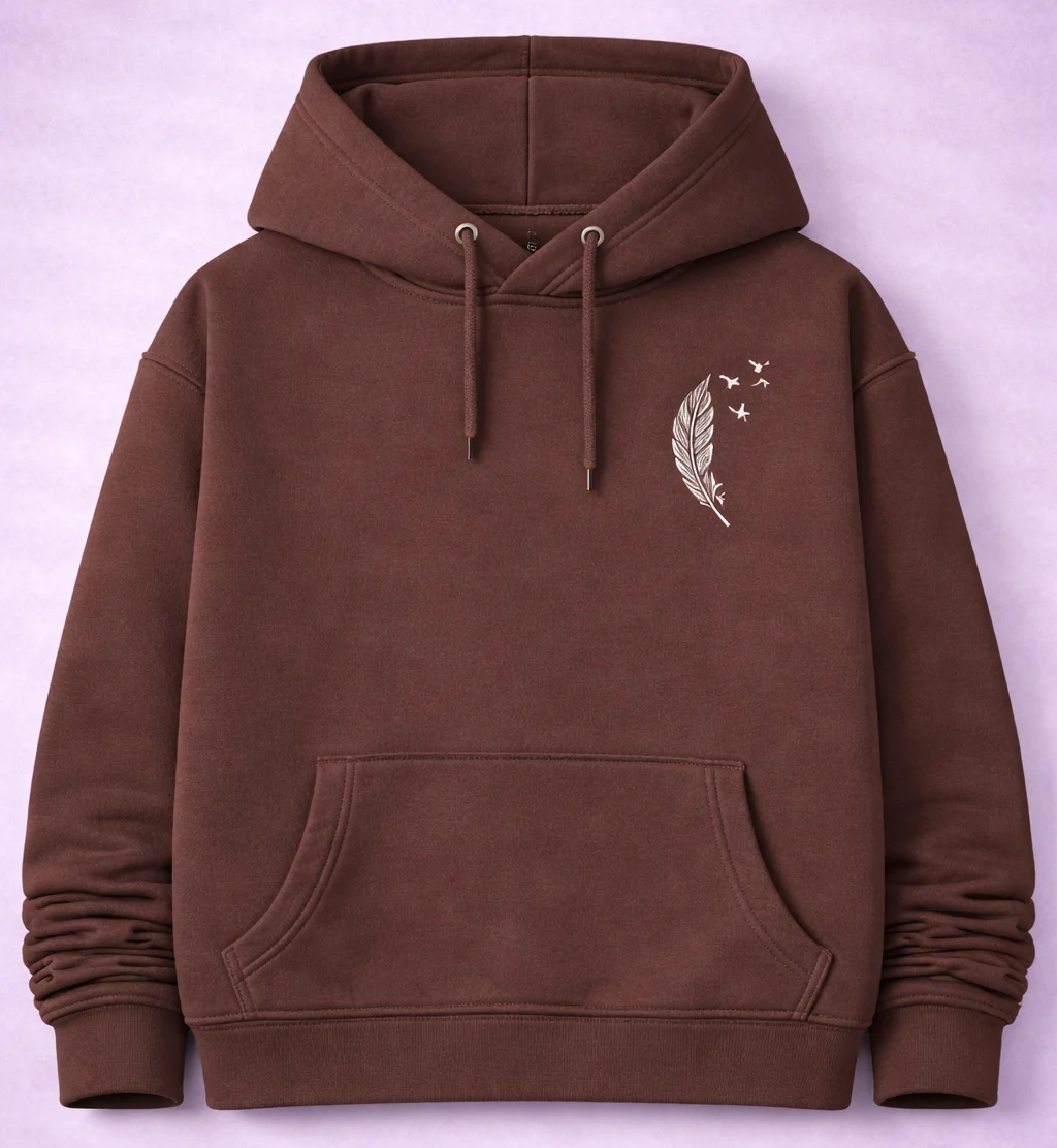Soft Cotton Brown Hoodie – ‘Feather and Birds’ Elegant Graphic Design – Cozy Unisex Pullover Sweatshirt for Comfort and Serenity