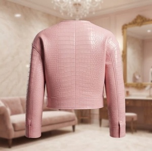 Chaqueta Bomber de Cuero PU con Estampado de Cocodrilo Rosa para Mujer, Cuello Redondo, Manga Larga, Cierre de Cremallera, Largo Regular, Otoño - Product Image 3
