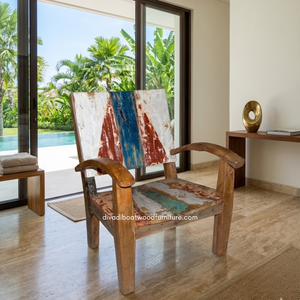 Sofá Individual de Madera Rústica Hecho a Mano con Brazos de Riel, Madera de Barco Reciclada, Ecológico, para Interiores y Exteriores, Muebles para el Hogar y Villas - Product Image 3