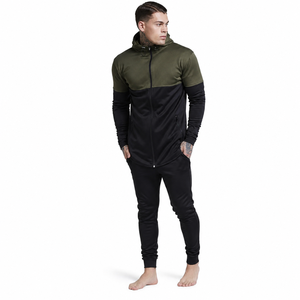 Olive Black Color Block Full <b>Zip</b> <b>Hooded</b> Tracksuit Casual Jogger Set With Side Pockets Breathable Polyester Cotton Sportswear - Product Image 2