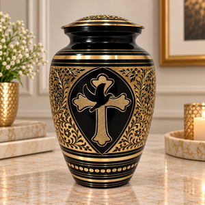 Urne funéraire en métal Faith Crest avec motif croix, finition noir et or, vase décoratif commémoratif avec couvercle - Product Image 1