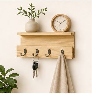 Porta llaves de pared de madera de pino macizo hecho a mano con estante, organizador rústico para entrada con 4 ganchos resistentes para el hogar u oficina. - Product Image 2