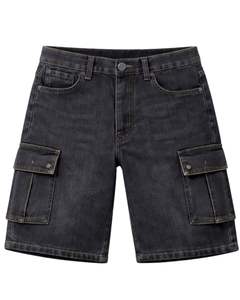 Shorts cargo en denim noir personnalisés pour hommes, multi-poches, coupe classique, style streetwear décontracté, pour l'été. - Product Image 1