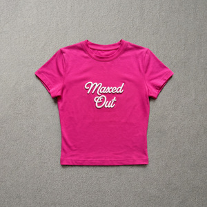Custom Design Puff Embroidered Baby Tee Half Sleeve Slim Fitted women's shirt Solid Cotton Knitted Spring Summer Lightweight Top - Product Image 3