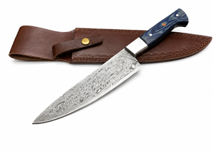 Cuchillo de Cocina de Acero de Damasco Modelo Personalizado WLX-568 de Welltrox Industries, Hoja de Punta Caída, Mango Azul, Borde Recto, 12 Pulgadas de Largo - Product Image 3