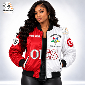 Chaqueta Bomber de Satén OES Roja y Blanca, Chaqueta Varsity para Mujer Tallas Grandes, Bordada, con un Solo Botón, Gruesa y Transpirable - Product Image 1
