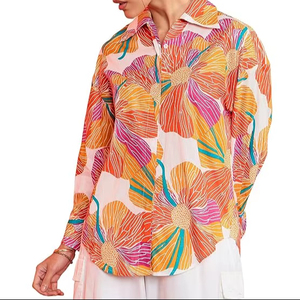 Women's Sunset Floral Oversized Cotton Shirt – Casual Vacation Wear with <b>Balloon</b> Sleeves & Button-Down Front - Product Image 1