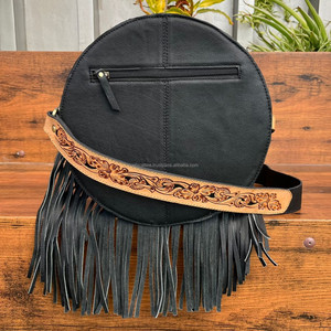 2025 Best New Customized Design <b>Boot</b> Stitch Hand Tooled Suede Leather Circle Crossbody Fringe Bag for Women Round Shoulder Purse - Product Image 5