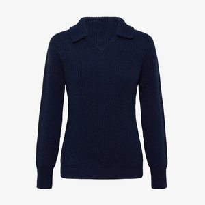 Pull en laine bleu marine pour femme avec col écharpe, sans manches, tricot côtelé, couleur unie, fermeture boutonnée minimaliste, vêtement d'automne - Product Image 3