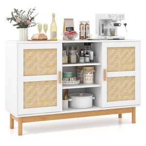 Natural White Buffet Cabinet with Bamboo Woven Patterns 3 <b>Open</b> Shelves and 2 Cabinets for Villa Kitchen or Dining <b>Storage</b> - Product Image 1