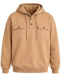 Sweat à capuche beige pour homme avec patte de boutonnage, double poche poitrine, style streetwear décontracté, fabricant OEM personnalisé - Product Image 2