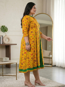 Conjuntos de Algodón Elástico con Estampado Floral para Mujer, Talla Grande, Vestido Anarkali de Maternidad, Mangas 3/4, Cuello Mandarín, Color Mostaza, Corte Acampanado - Product Image 3