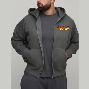 Sudadera con Capucha y Cremallera para Hombre, de Forro Polar, Color Sólido, Estilo Casual, Corte Regular, Gris Otoño, Logotipo Estampado en la Parte Delantera, 100% Algodón Transpirable - Product Image 5