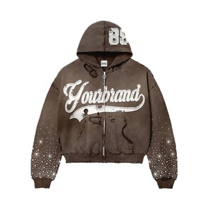 Men's Custom Rhinestone Embroidery <b>Zip</b>-<b>Up</b> <b>Hoodie</b> Streetwear Distressed Acid Wash Vintage Faded Boxy Fit 100% Cotton <b>Hoodie</b> - Product Image 6
