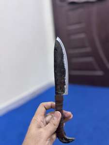 Couteau Viking artisanal en acier carbone, manche en acier carbone forgé à la main, étui en cuir fin, lame courbée/droite pour le camping - Product Image 3