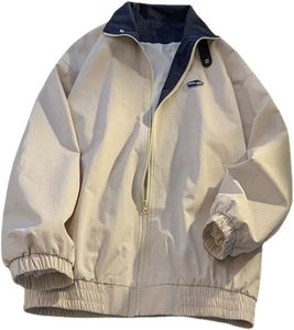 Chaqueta Bomber Beige para Hombre, Cuello Camisero, Cierre de Cremallera, Casual, Resistente al Viento, Poliéster, para Otoño, Corte Regular, Color Sólido - Product Image 2