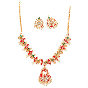 Antique Gold Plated Coral Bridal Necklace and Earring Set with Intricate Kemp Stone Embellishments - Product Image 2