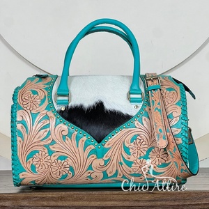 Sac de voyage vintage en cuir de vachette véritable, motif floral, style Speedy, idéal pour la gym, le sport, les voyages, sac de week-end pour femme - Product Image 1