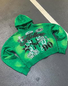 Vente en gros Sweat à capuche vintage coupe ample, délavé à l'acide, effet vieilli, en coton et polyester, grammage lourd, avec impression en relief de strass et fermeture éclair - Product Image 6