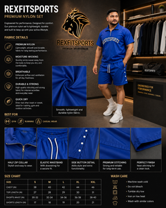 REXFIT SPORTS 2026 Conjunto Deportivo Personalizado para Hombre, Camiseta Azul Premium de Nailon con Media Cremallera y Pantalones Cortos, Ropa Deportiva Transpirable - Product Image 1