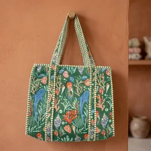 100% Cotton Hand Block Printed Quilted Traditional Indian French Country Handcrafted Storage Tote <b>Bags</b> with <b>Large</b> Capacity - Product Image 3