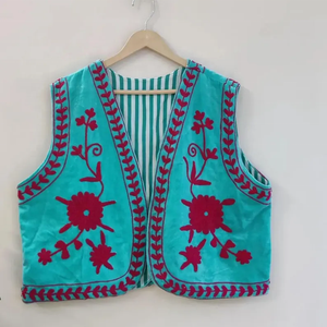 Blue Velvet Short Vintage Suzani Vest Jacket | Velvet Suzani Sleeveless <b>Waist</b> <b>Coat</b> | Floral Velvet Suzani Vest - Product Image 1